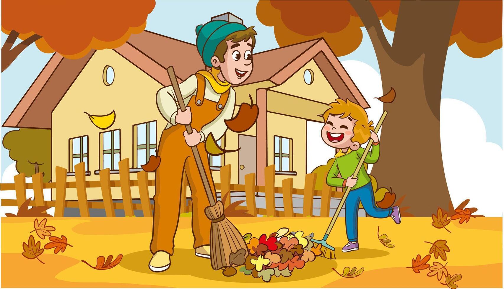 vektor illustration av tecknad serie far och son rengöring de trädgård av deras Hem