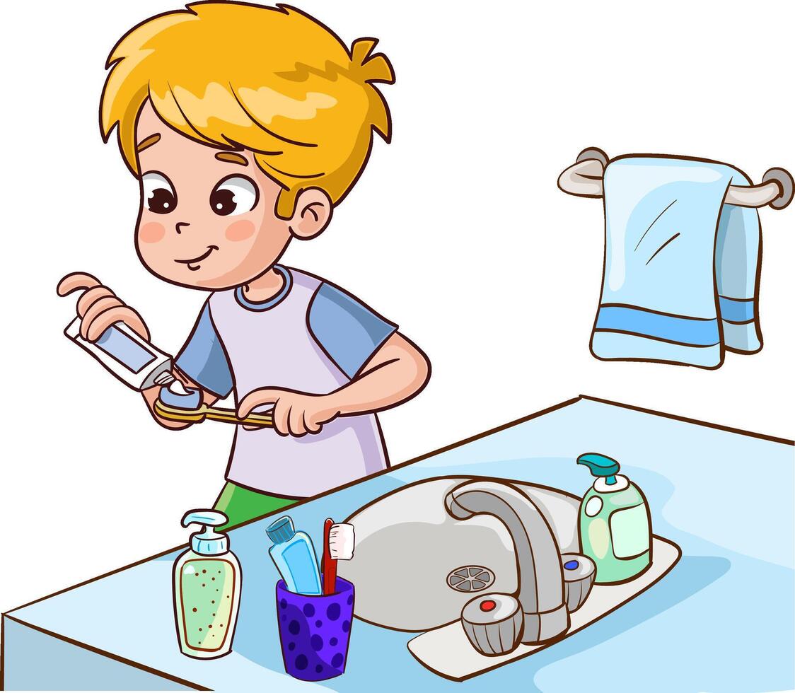 Vektor Illustration von ein Junge Bürsten Zähne.Junge Bürsten Zähne im das Badezimmer.