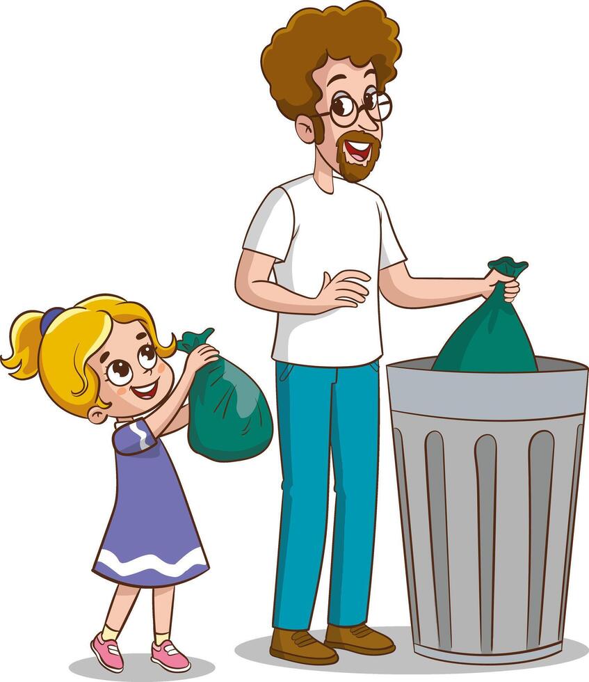 Karikatur Vater und Kind werfen Müll in das Müll können Vektor Illustration.