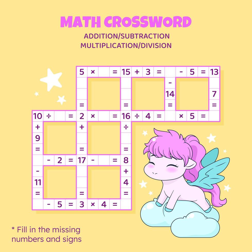 matematik korsord pussel för barn. tillägg, subtraktion, multiplikation och division. räkning upp till 20. vektor illustration. spel med tecknad serie söt ponny. uppgift, utbildning material för ungar.