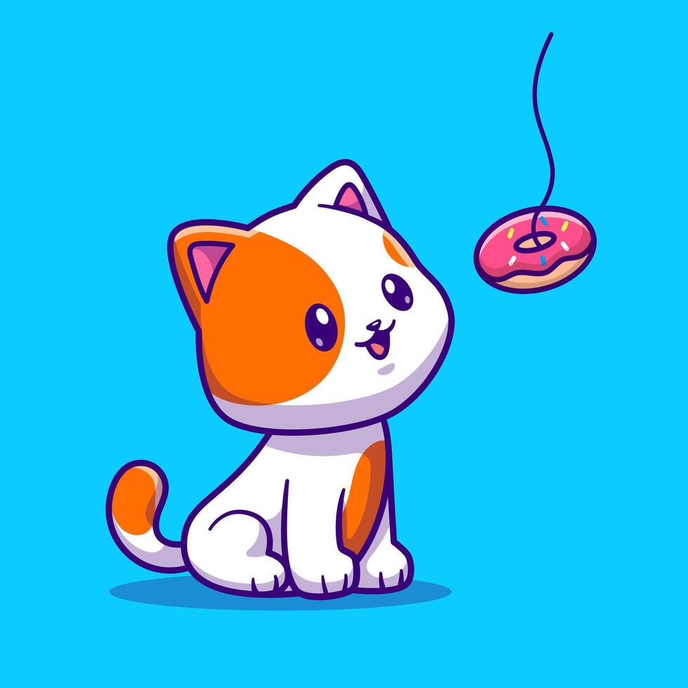 süß Katze Essen Krapfen Karikatur Vektor Symbolillustration. Tier Essen Symbol Konzept isoliert Prämie Vektor. eben Karikatur Stil