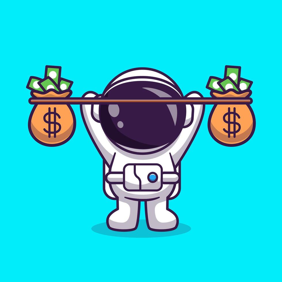 süß Astronaut Heben Geld Tasche Karikatur Vektor Symbol Illustration. Wissenschaft Finanzen Symbol Konzept isoliert Prämie Vektor. eben Karikatur Stil