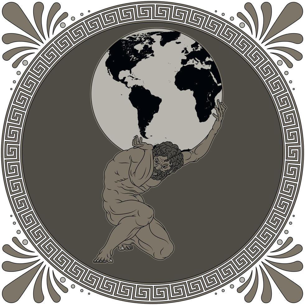 Vektor Design von Titan Atlas halten Planet Erde, uralt Griechenland Amphora Kunst, griechisch Mythologie Titan