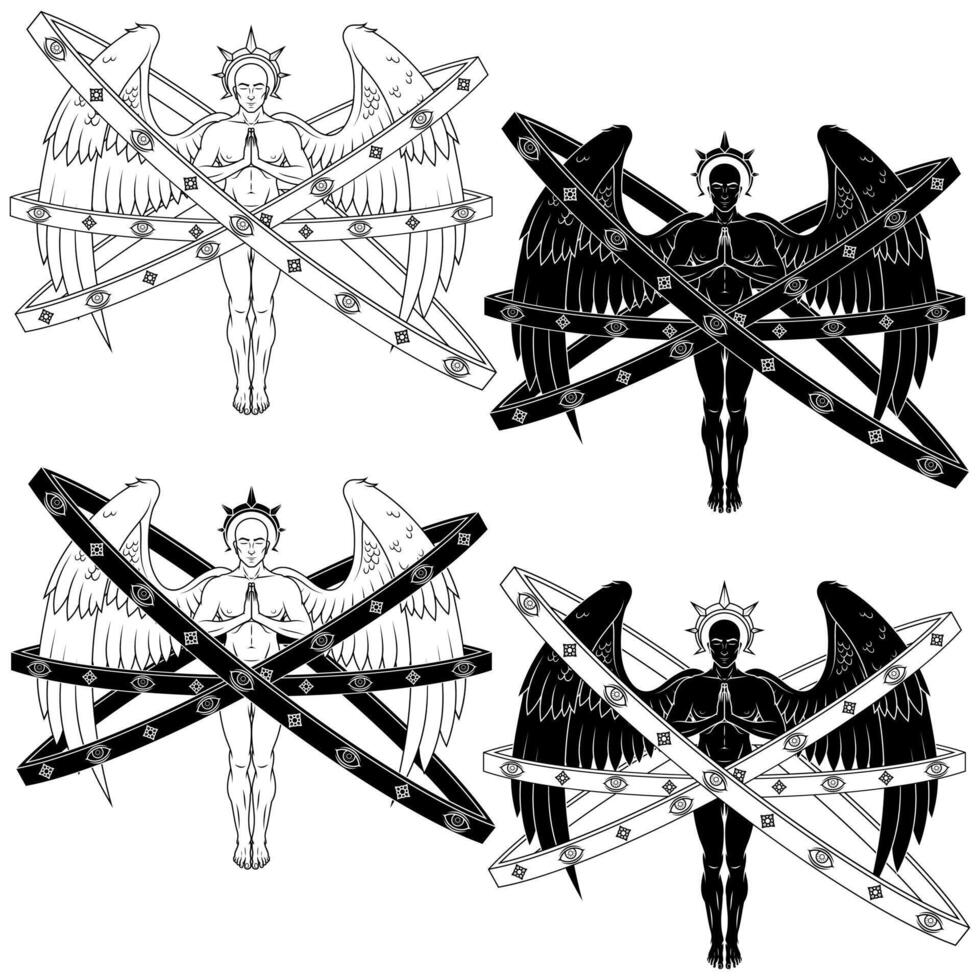 vektor design av bön- ängel med ringar, änglalik tron av katolik religion, ärke med halo