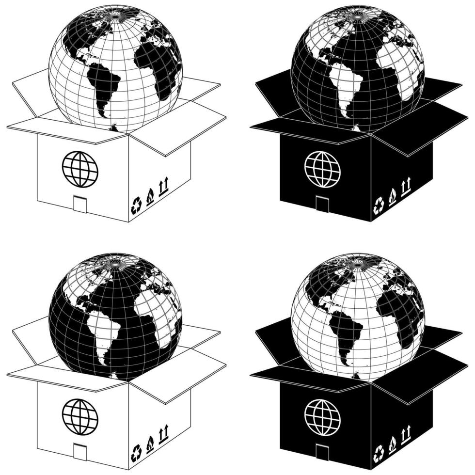 Vektor Design Planet Erde Kommen aus von ein Karton Kasten, weltweit Versand Box Design