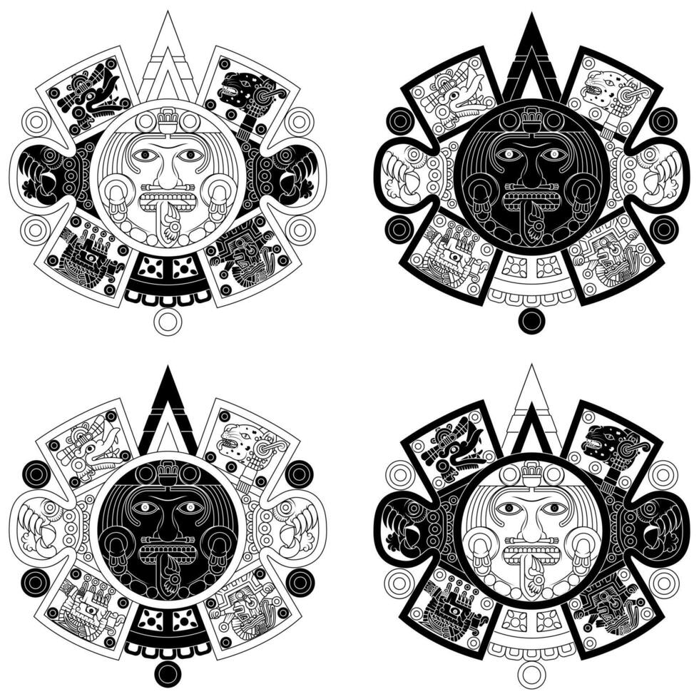 Vektor Design von aztekisch Kalender, monolithisch Platte von das uralt Mexiko, Sonne Stein von das aztekisch Zivilisation