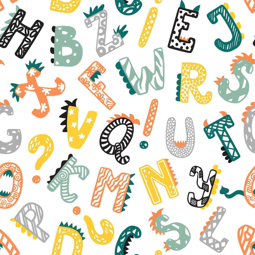 Dino Alphabet nahtlos Vektor Muster. ABC Briefe im das Stil von Dinosaurier. bunt Alphabet Muster im einfach Karikatur Stil zum Drucken auf kindisch Textilien, lehrreich Materialien