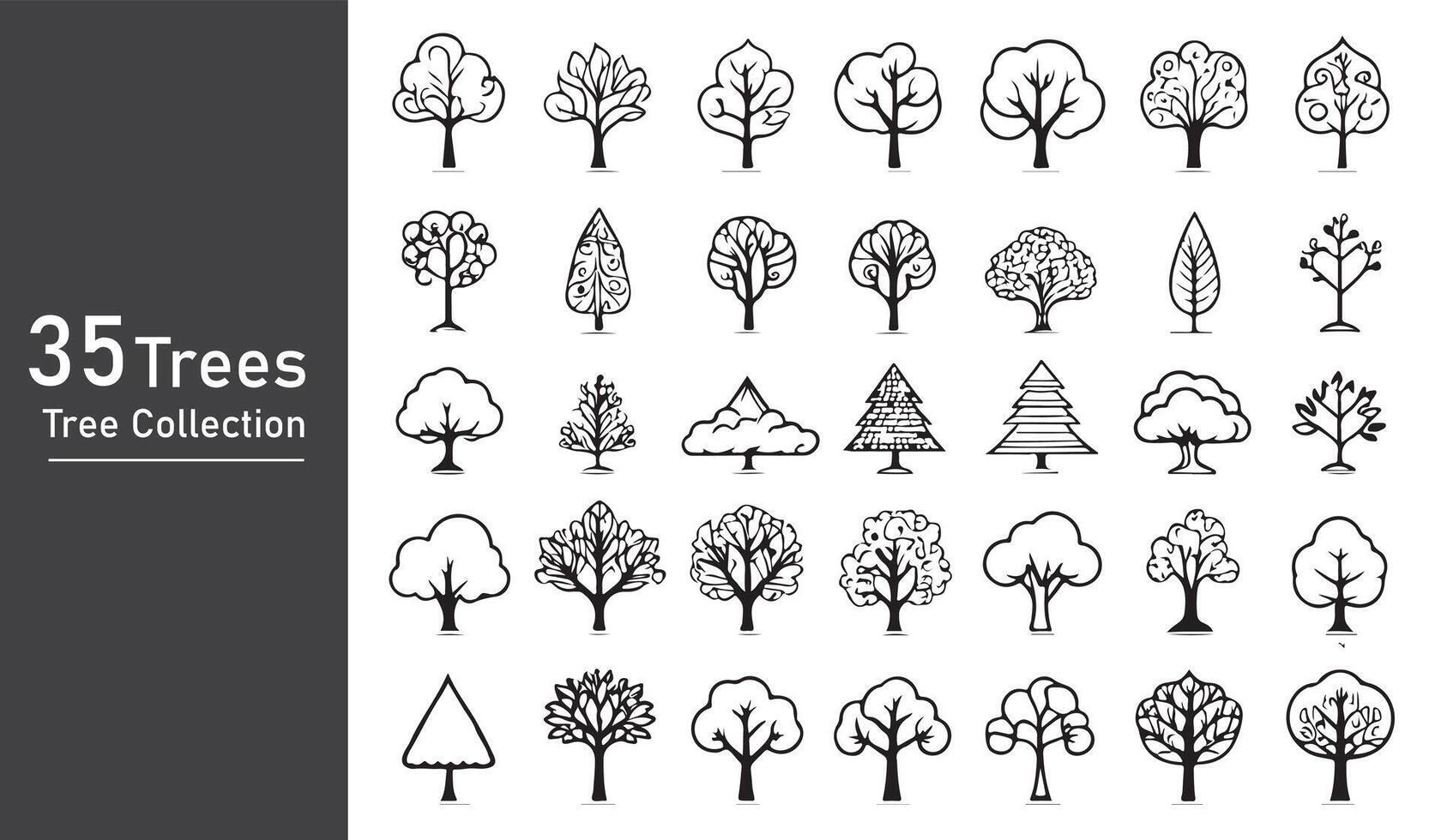silhuett träd linje teckning uppsättning, sida se, uppsättning av grafik träd element översikt symbol vektor