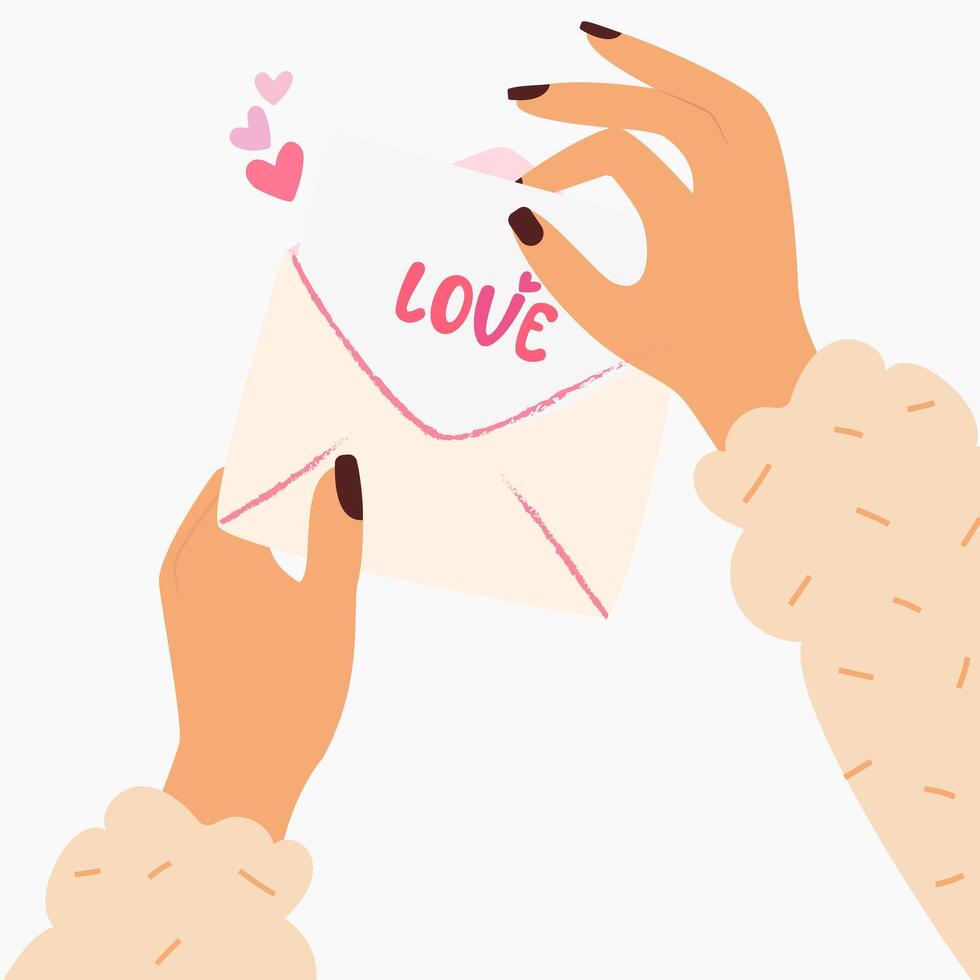 Illustration zum Valentinstag Tag. ein Hand hält ein Brief mit das Inschrift ''Liebe''. Erklärung von Liebe im Schreiben. Vektor Illustration, eben Bild, oben Sicht.