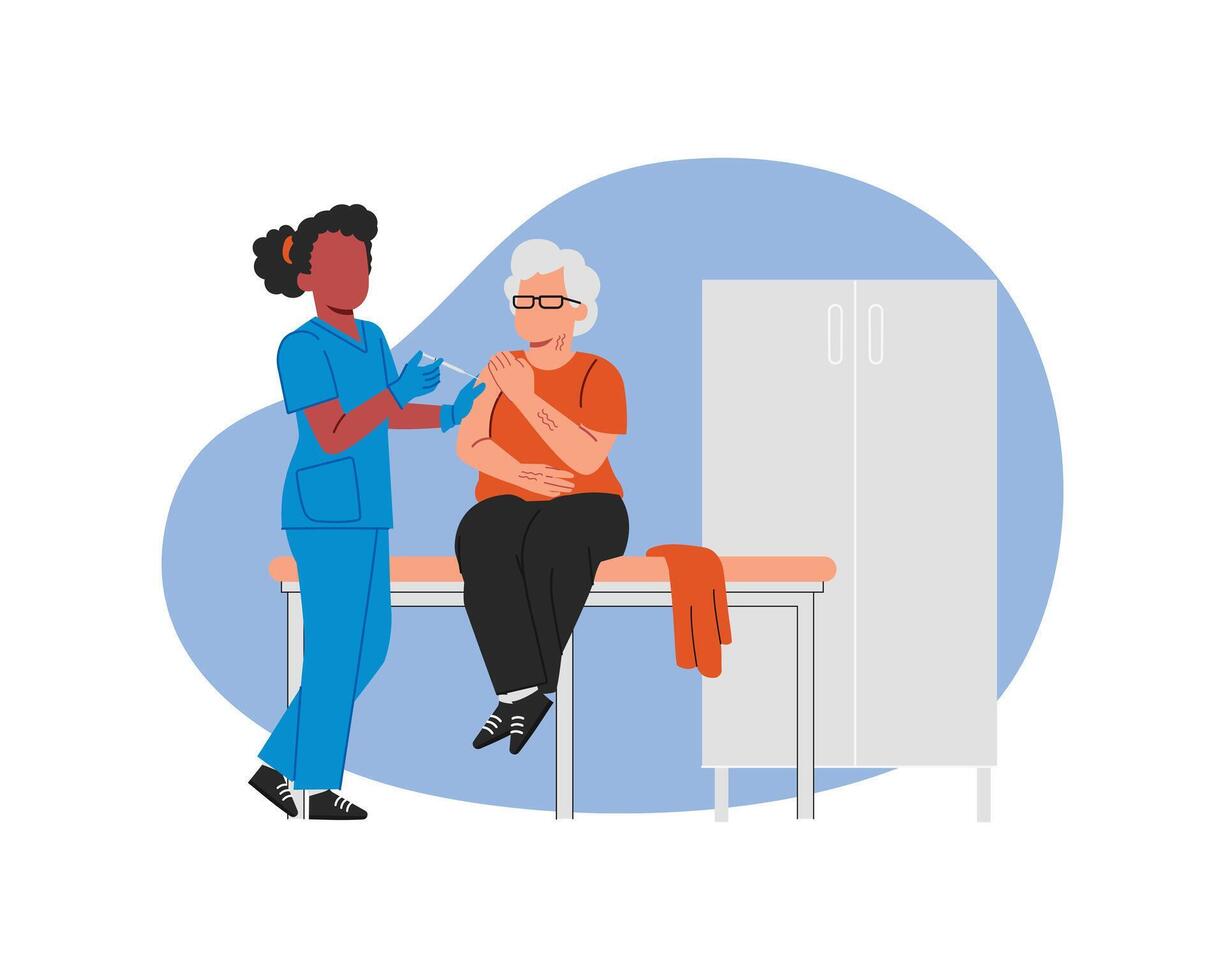 Krankenschwester impft ein Alten Frau mit ein Spritze im ein Krankenhaus. Vektor Illustration im eben Stil zum Gesundheit Pflege und Medizin Design.