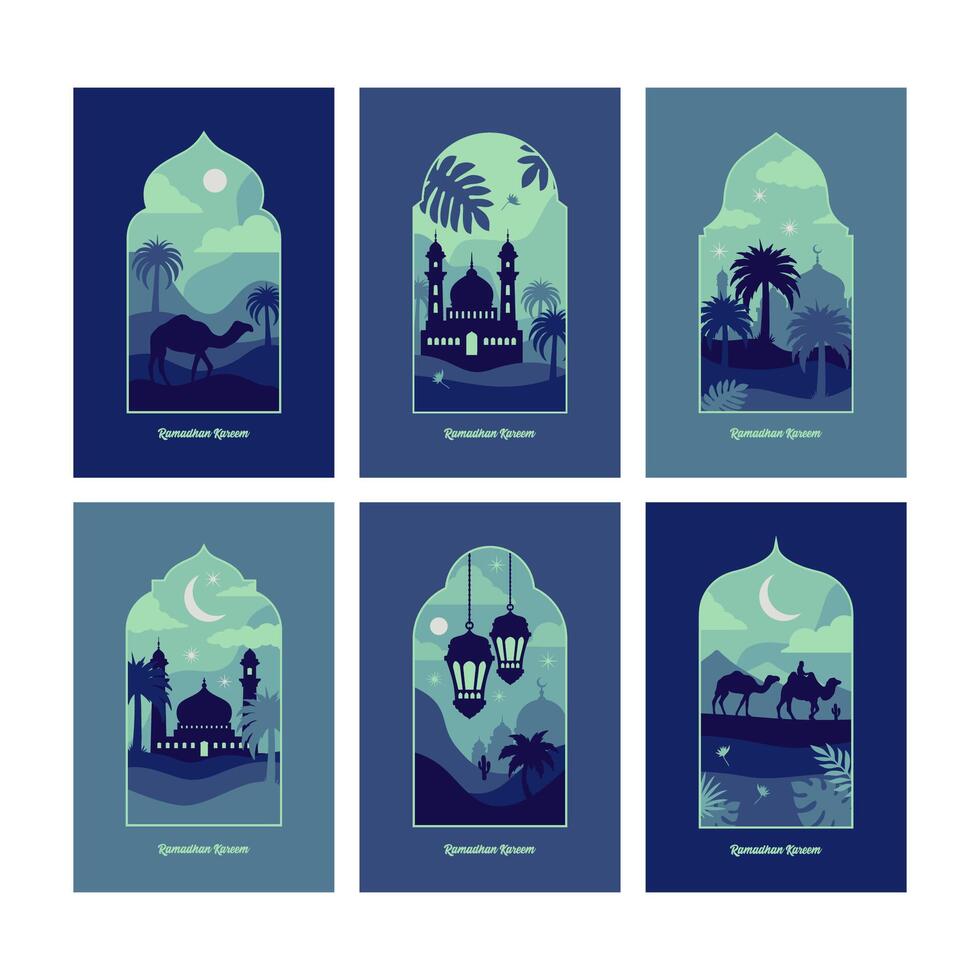 samling av orientalisk stil islamic fönster och valv med modern boho design, måne, moské kupol och lyktor vektor