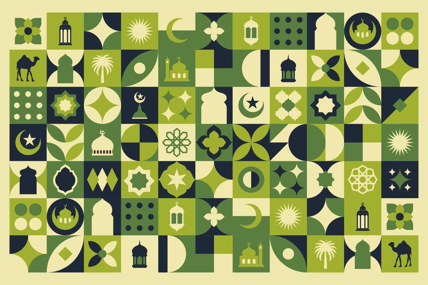 geometrisch Stil bunt islamisch Ramadan kareem Banner, Poster Design, Muster und geometrisch Hintergrund. Moschee, Mond, Kuppel und Laternen. minimalistisch Abbildungen vektor