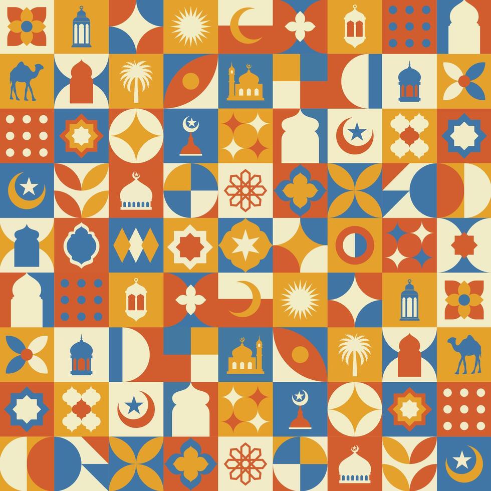 geometrisch Stil bunt islamisch Ramadan kareem Banner, Poster Design, Muster und geometrisch Hintergrund. Moschee, Mond, Kuppel und Laternen. minimalistisch Abbildungen vektor