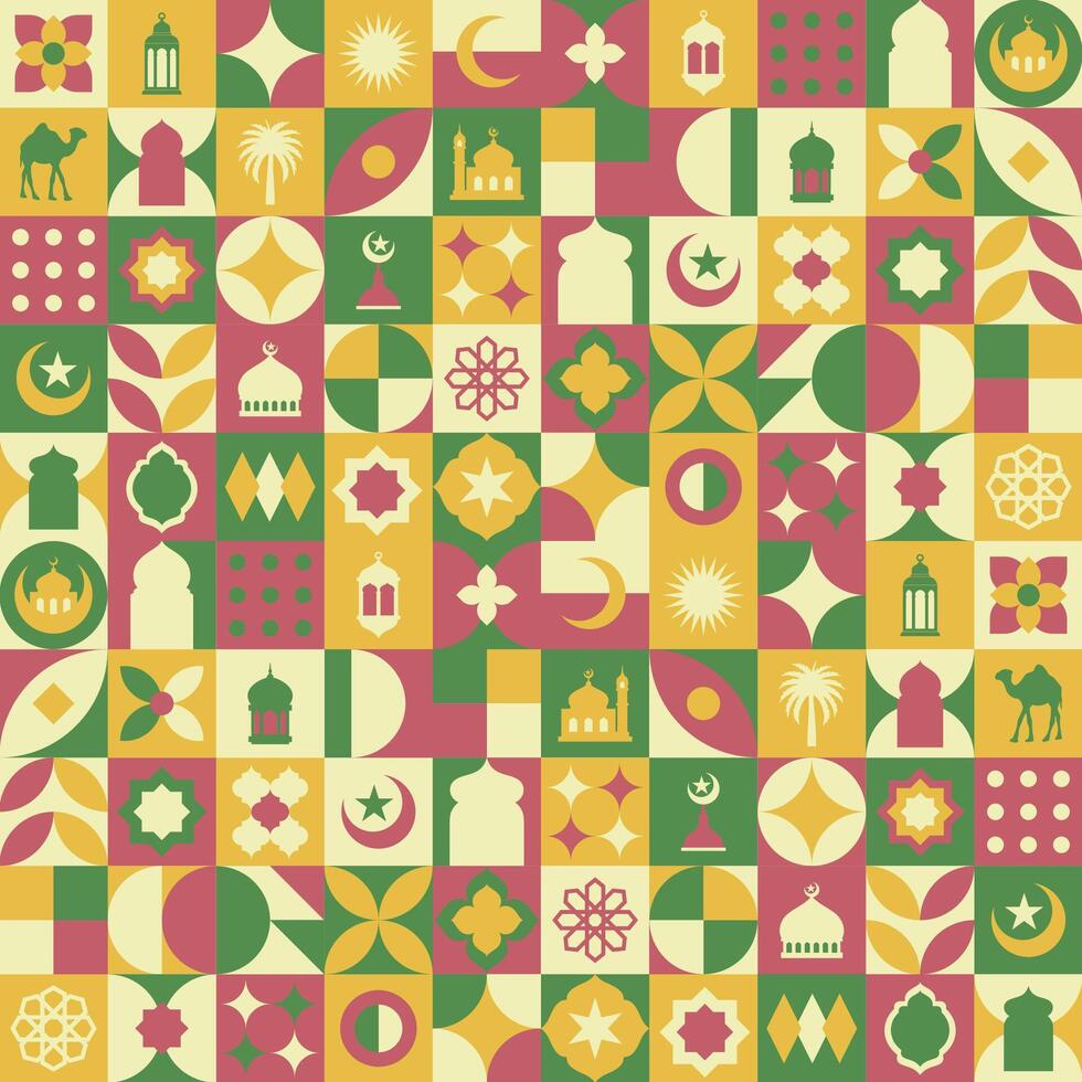 geometrisch Stil bunt islamisch Ramadan kareem Banner, Poster Design, Muster und geometrisch Hintergrund. Moschee, Mond, Kuppel und Laternen. minimalistisch Abbildungen vektor