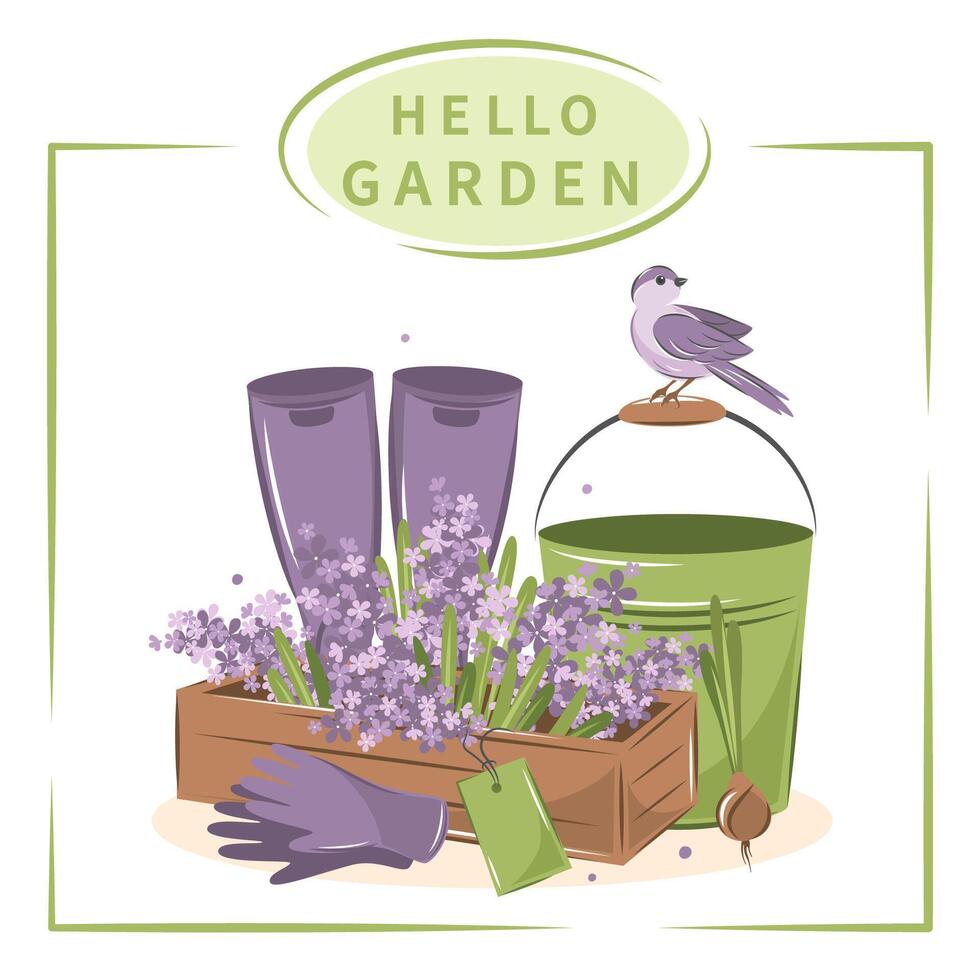 trädgårdsarbete, växande växter, jordbruks verktyg. Hej trädgård. vektor illustration.