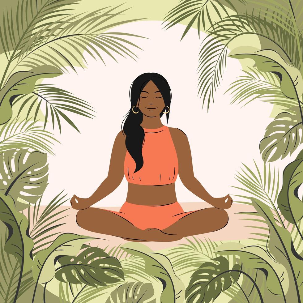 kvinna mediterar Sammanträde i lotus på de natur. yoga, meditation, koppla av, friska livsstil. vektor illustration