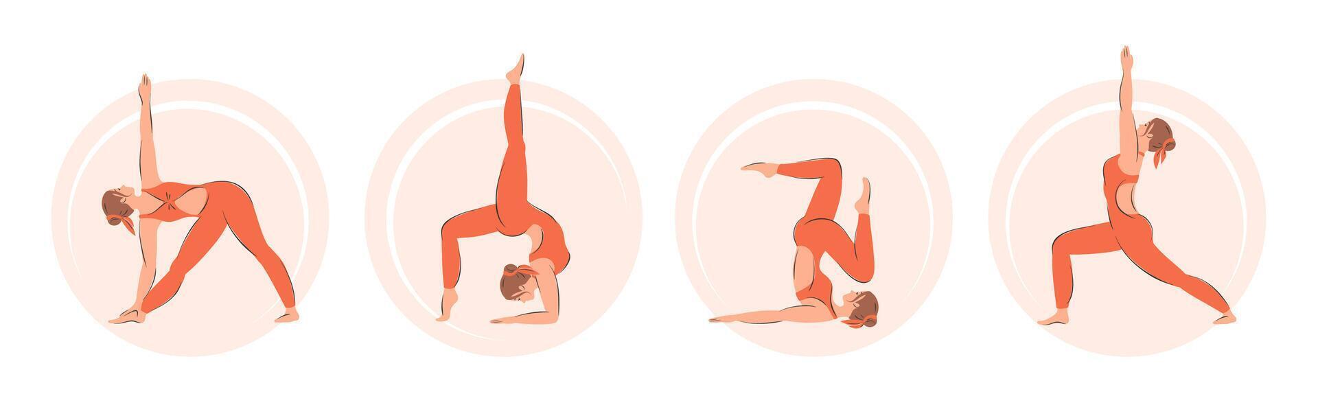 Yoga posiert Satz. Sammlung von Frau durchführen physisch Übungen. Charakter demonstrieren verschiedene Yoga Positionen isoliert auf Weiß Hintergrund. Vektor Illustration.