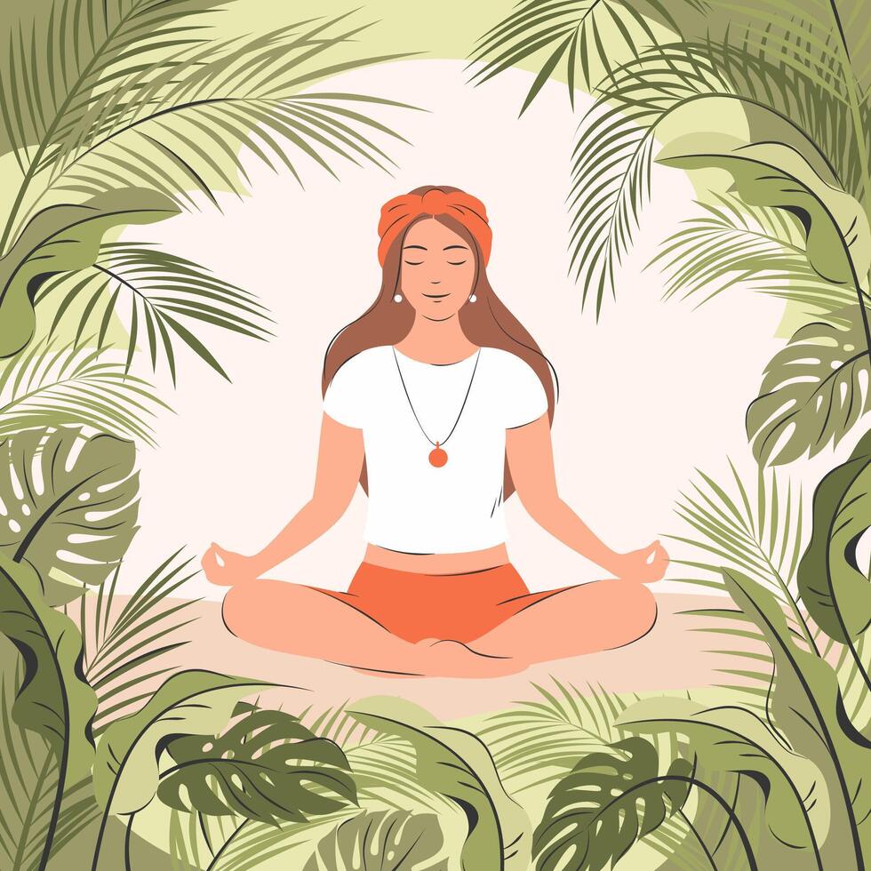 Frau meditieren im Natur. Konzept Illustration zum Yoga, Meditation, entspannen, Erholung, gesund Lebensstil und Einheit mit Natur. eben Vektor Illustration.