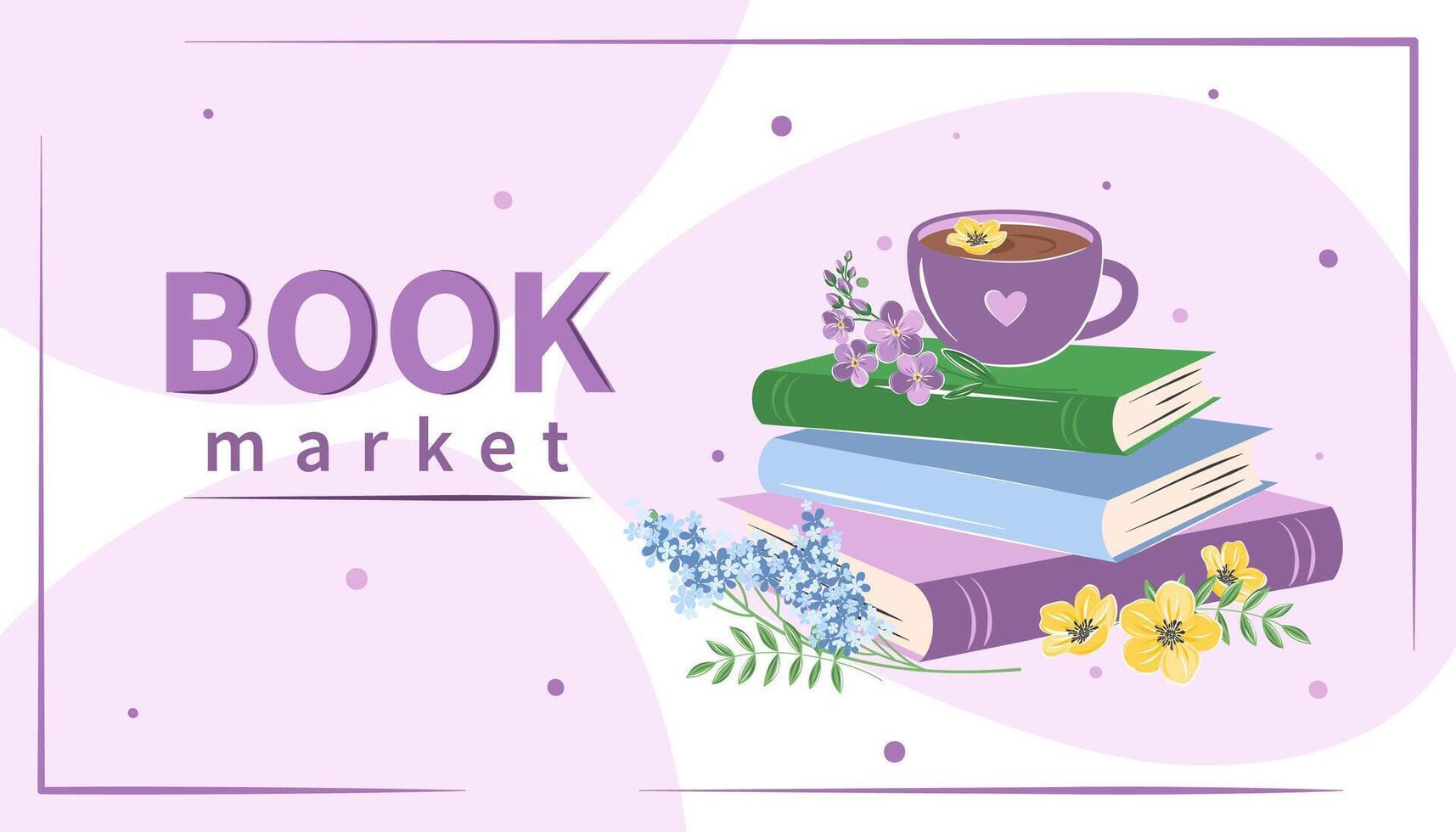 Buch Markt. Layout Design zum Buchhandlung, Bibliothek. Bücher mit Frühling Blumen. Vektor Illustration