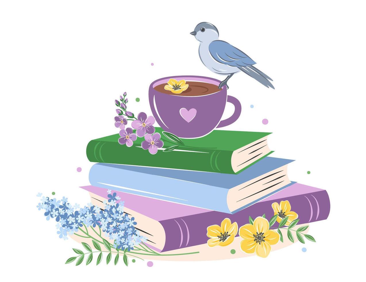 Bücher, Tasse Kaffee oder Tee mit Frühling hell Blumen, Vogel auf Weiß Hintergrund. Design zum Frühling Gruß Karte. Vektor Illustration