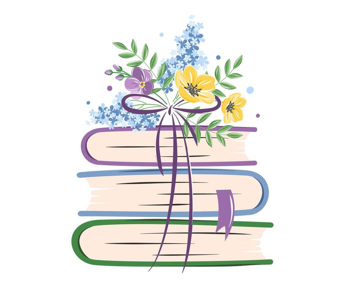 Bücher mit Frühling Blumen auf Weiß Hintergrund. Design zum Karte oder Werbung Poster. Vektor Illustration