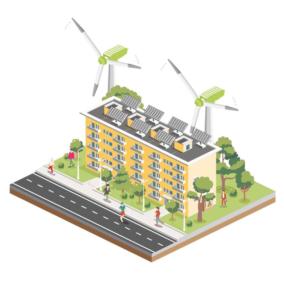 isometrisk bostads- fem våning byggnad med sol- paneler och vind turbiner. grön eco vänlig hus. infographic element. stad arkitektur isolerat på vit bakgrund. vektor