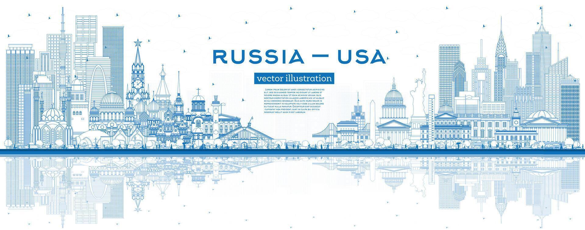 Gliederung Russland und USA Horizont mit Blau Gebäude. berühmt Sehenswürdigkeiten. USA und Russland Konzept. diplomatisch Beziehungen zwischen Länder. vektor