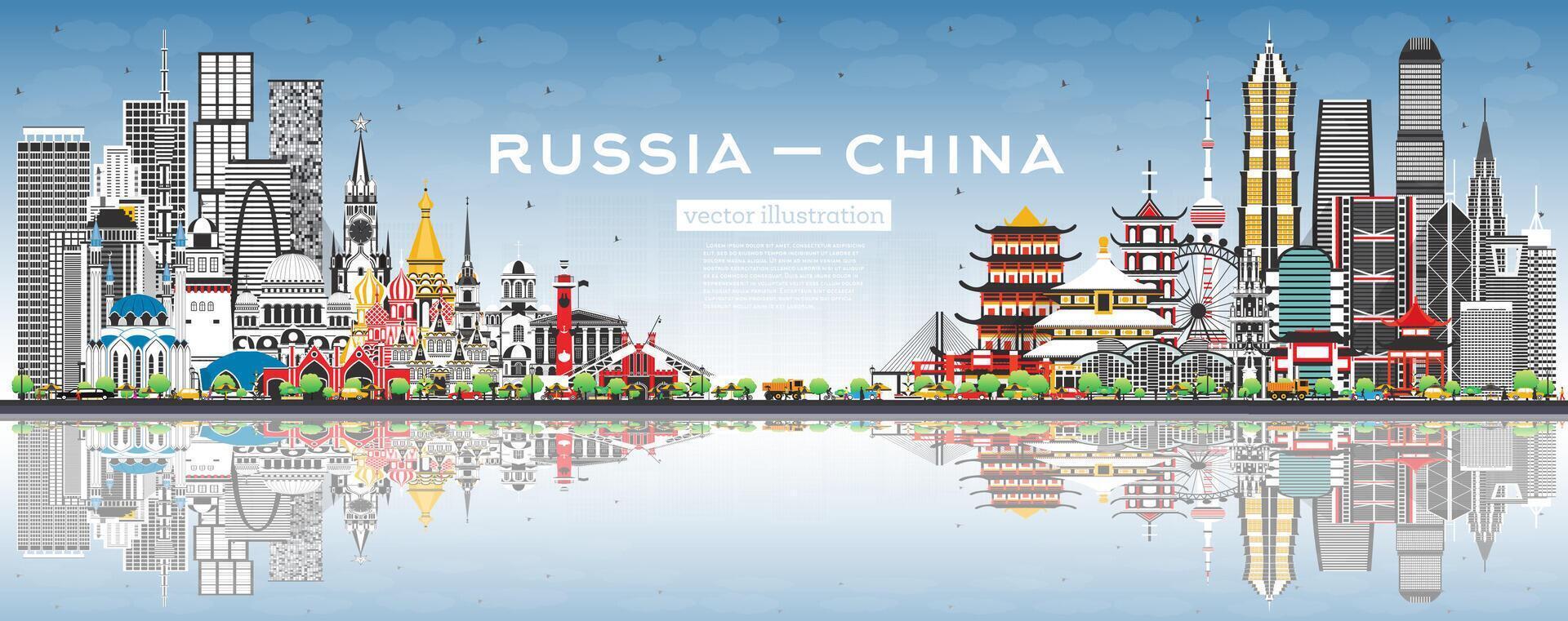 ryssland och Kina horisont med grå byggnader, blå himmel och reflektioner. känd landmärken. Kina och ryssland begrepp. diplomatisk relationer mellan länder. vektor