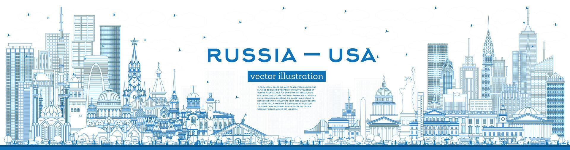 Gliederung Russland und USA Horizont mit Blau Gebäude. berühmt Sehenswürdigkeiten. USA und Russland Konzept. diplomatisch Beziehungen zwischen Länder. vektor
