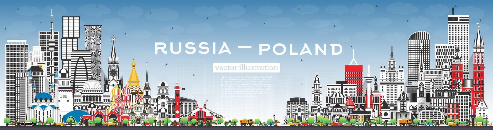 Russland und Polen Horizont mit grau Gebäude und Blau Himmel. berühmt Sehenswürdigkeiten. Polen und Russland Konzept. diplomatisch Beziehungen zwischen Länder. vektor