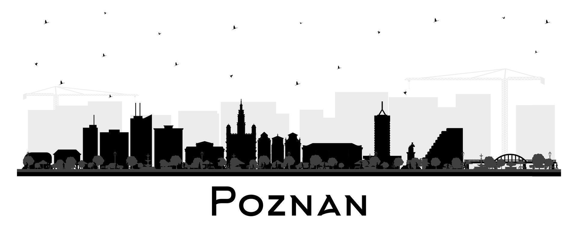 poznan polen stad horisont silhuett med svart byggnader isolerat på vit. poznan stadsbild med landmärken. företag resa och turism begrepp med historisk arkitektur. vektor