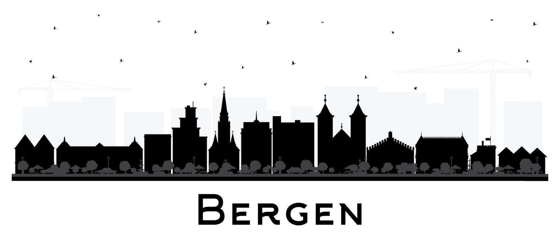 Bergen Norge stad horisont silhuett med svart byggnader isolerat på vit. Bergen stadsbild med landmärken. företag resa och turism begrepp med historisk arkitektur. vektor