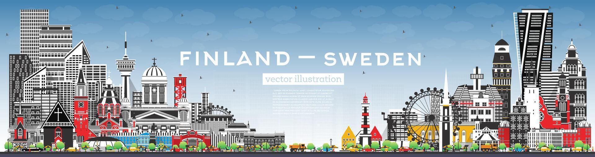 Finnland und Schweden Horizont mit grau Gebäude und Blau Himmel. berühmt Sehenswürdigkeiten. Schweden und Finnland Konzept. diplomatisch Beziehungen zwischen Länder. vektor