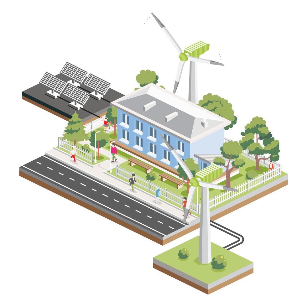 isometrisk bostads- två våning byggnad med sol- paneler och vind turbiner. grön eco vänlig hus. infographic element. infographic element. stad Hem. vektor