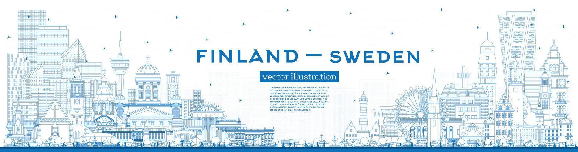 Gliederung Finnland und Schweden Horizont mit Blau Gebäude. berühmt Sehenswürdigkeiten. Schweden und Finnland Konzept. diplomatisch Beziehungen zwischen Länder. vektor