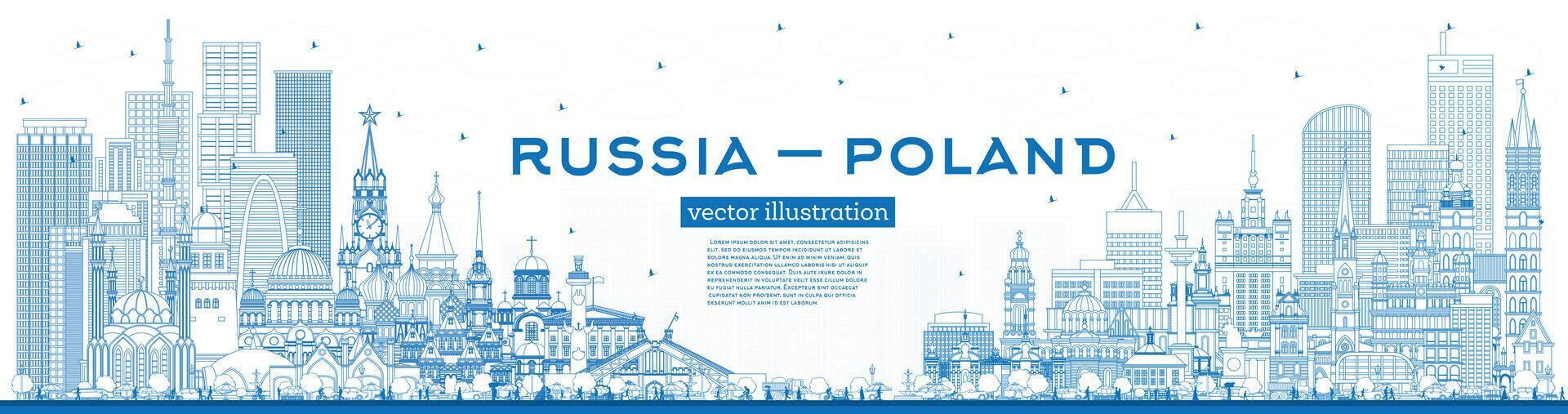 översikt ryssland och polen horisont med blå byggnader. känd landmärken. polen och ryssland begrepp. diplomatisk relationer mellan länder. vektor