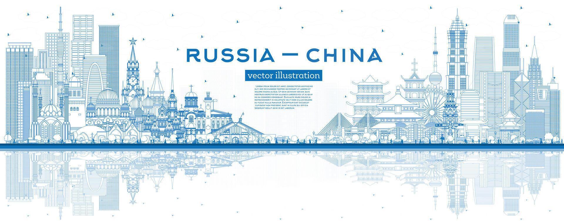 översikt ryssland och Kina horisont med blå byggnader och reflektioner. känd landmärken. Kina och ryssland begrepp. diplomatisk relationer mellan länder. vektor