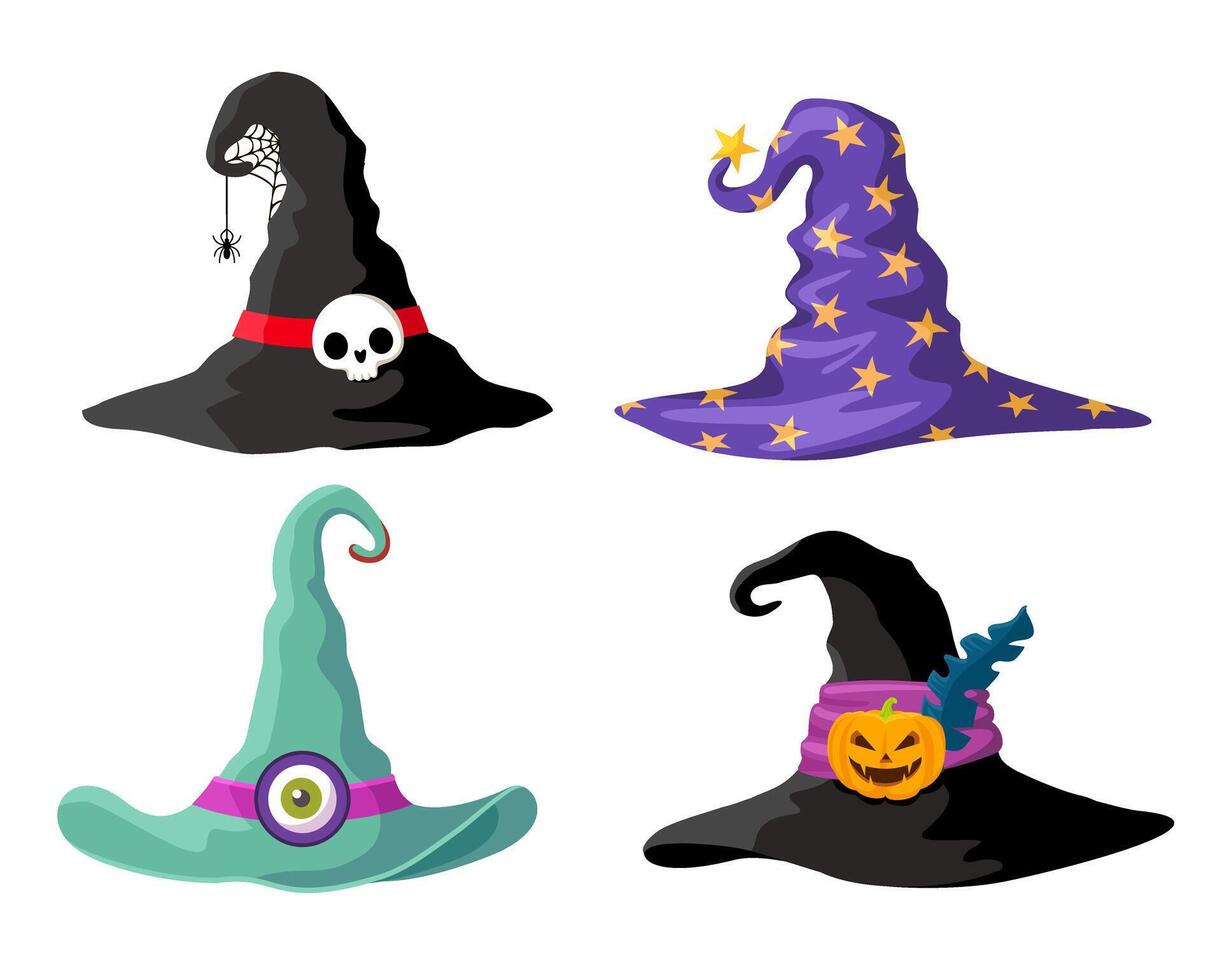 häxa hattar vektor ikoner, halloween fest kostym element. tecknad serie trollkarl huvudbonader, traditionell trollkarl kepsar. magi keps ondska med Spindel webb, pumpa, skalle eller stjärnor för häxa eller astrolog.