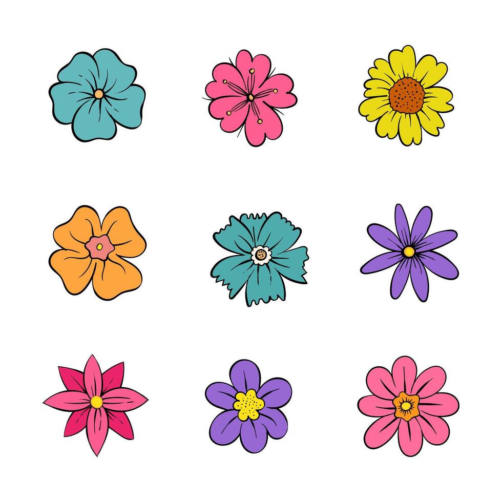 Blume Vektor Illustration. Blume Blütenblätter im verschiedene Farbe. Karikatur blühen Blumen- Vektor.