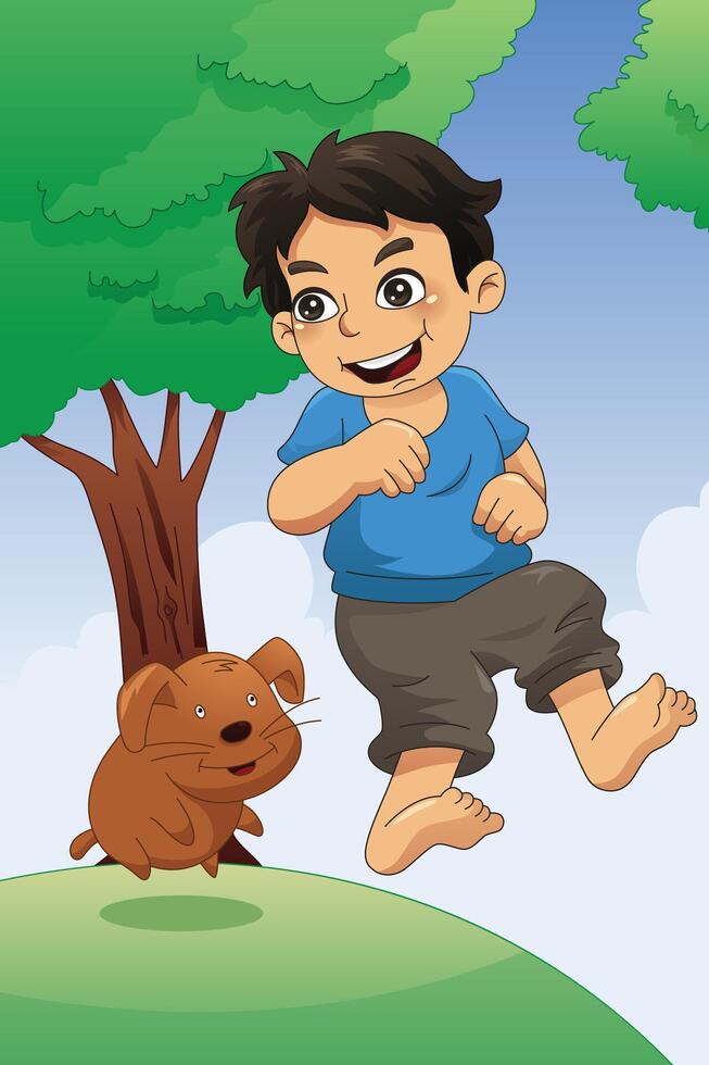 en vektor illustration av pojke spelar med hans liten hund