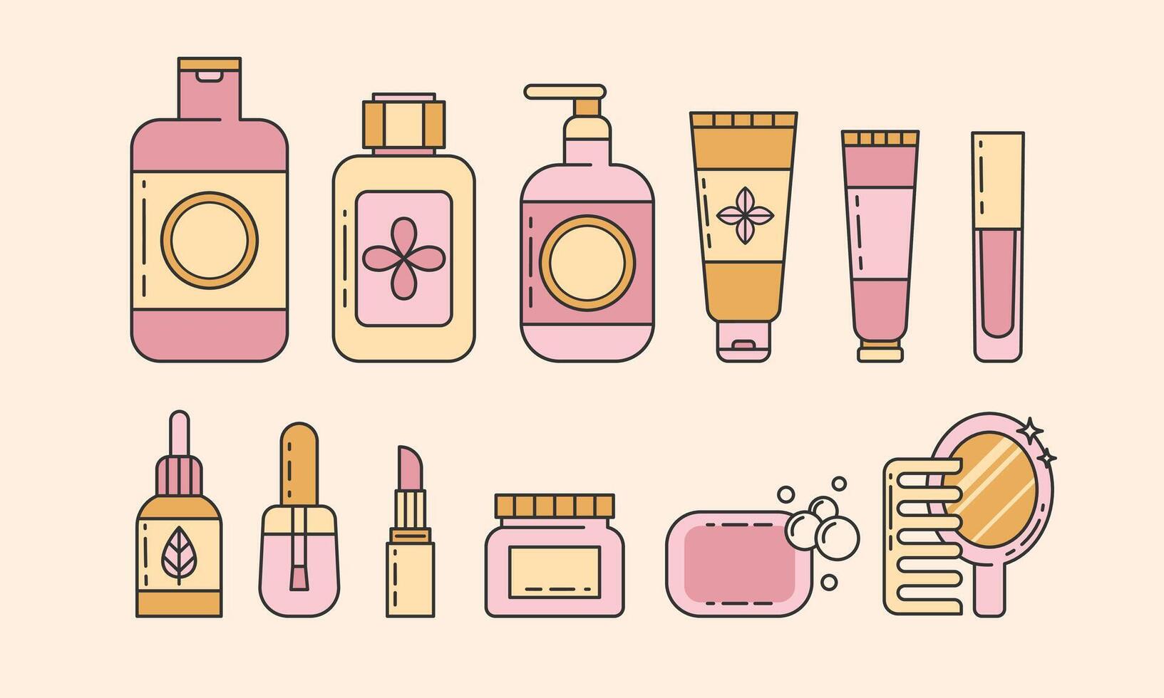 Haut, Körper, Haare Pflege Linie Symbole Make-up einstellen Illustration Zeichen Sammlung.verschiedene anders kosmetisch Produkte. Verpackung im anders Formen zum Hautpflege Produkte. editierbar Schlaganfall. Vektor