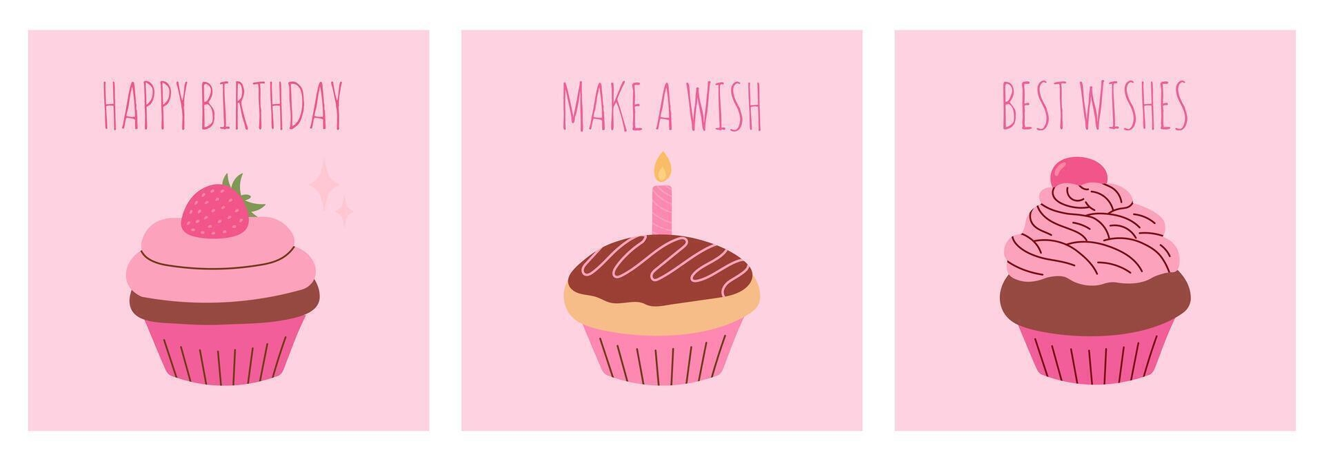 Lycklig födelsedag kort uppsättning, rosa cupcakes, vykort, firande, hälsning kort, vektor illustration
