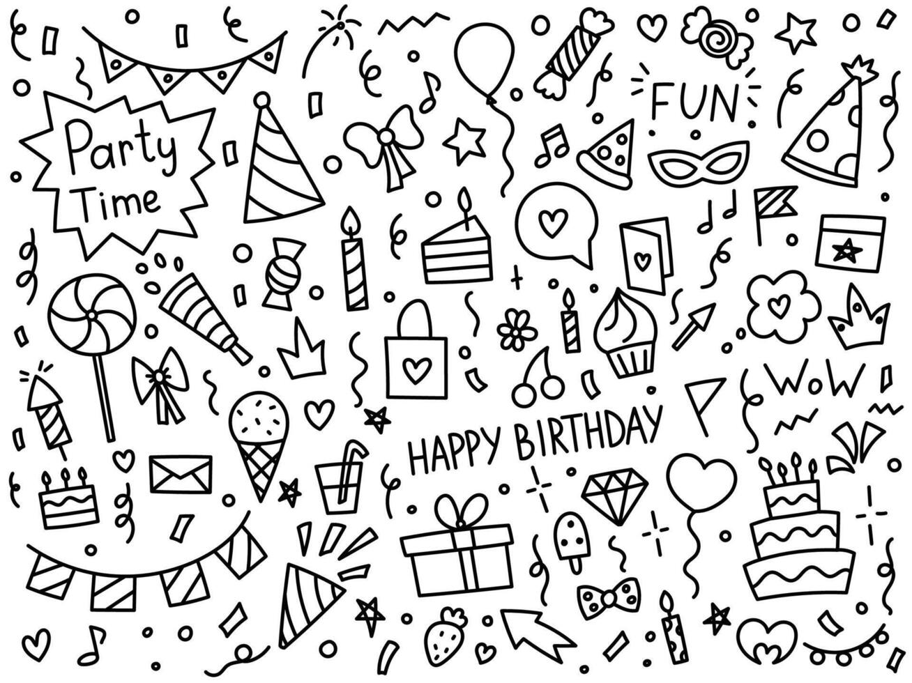 glücklich Geburtstag Gekritzel Elemente, Party und Feier Design, Dekoration, Konfetti, Kuchen, Luftballons, Geschenk Box und mehr, Hand gezeichnet Vektor Illustration