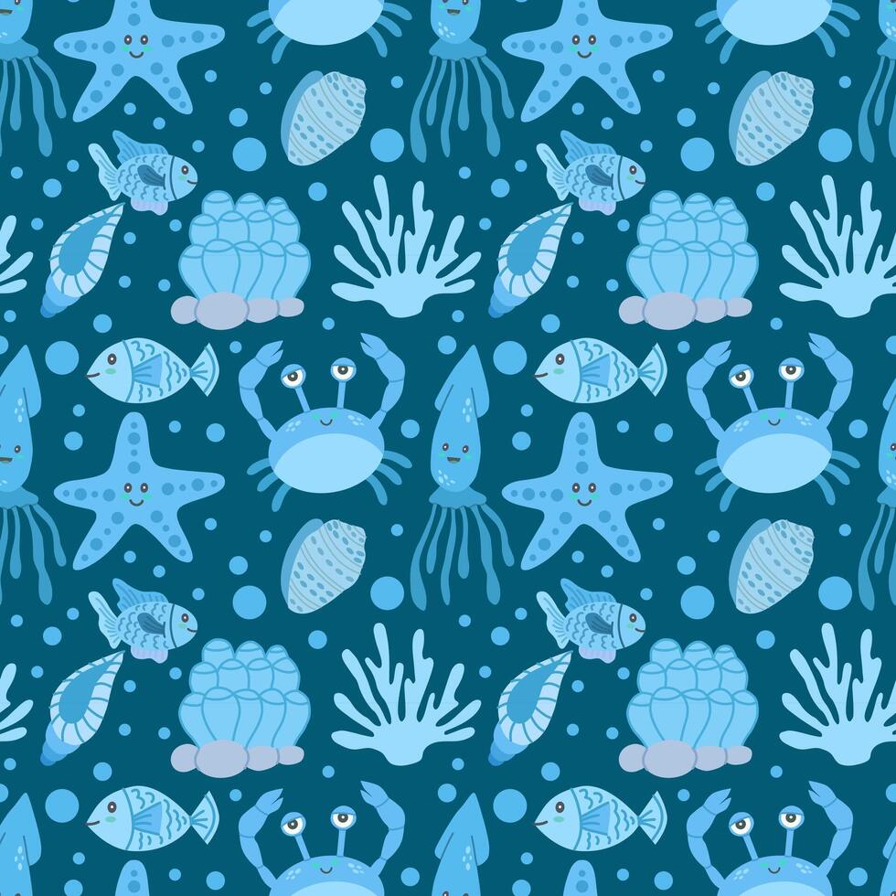 nahtlos Muster mit Meer Blau Tiere, Seetang und Muscheln auf ein dunkel Blau Hintergrund. Vektor