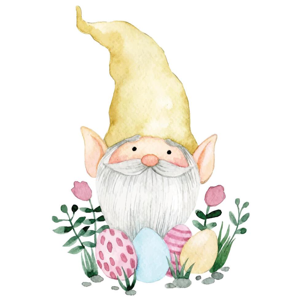 söt gnome med påsk ägg och blommor. vattenfärg teckning på de tema av påsk. vektor