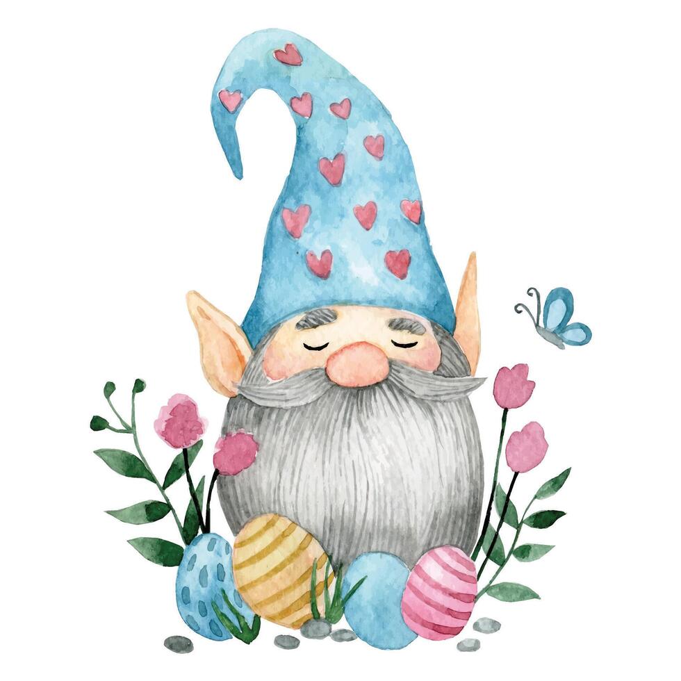 söt gnome med påsk ägg och blommor. vattenfärg teckning på de tema av påsk. vektor