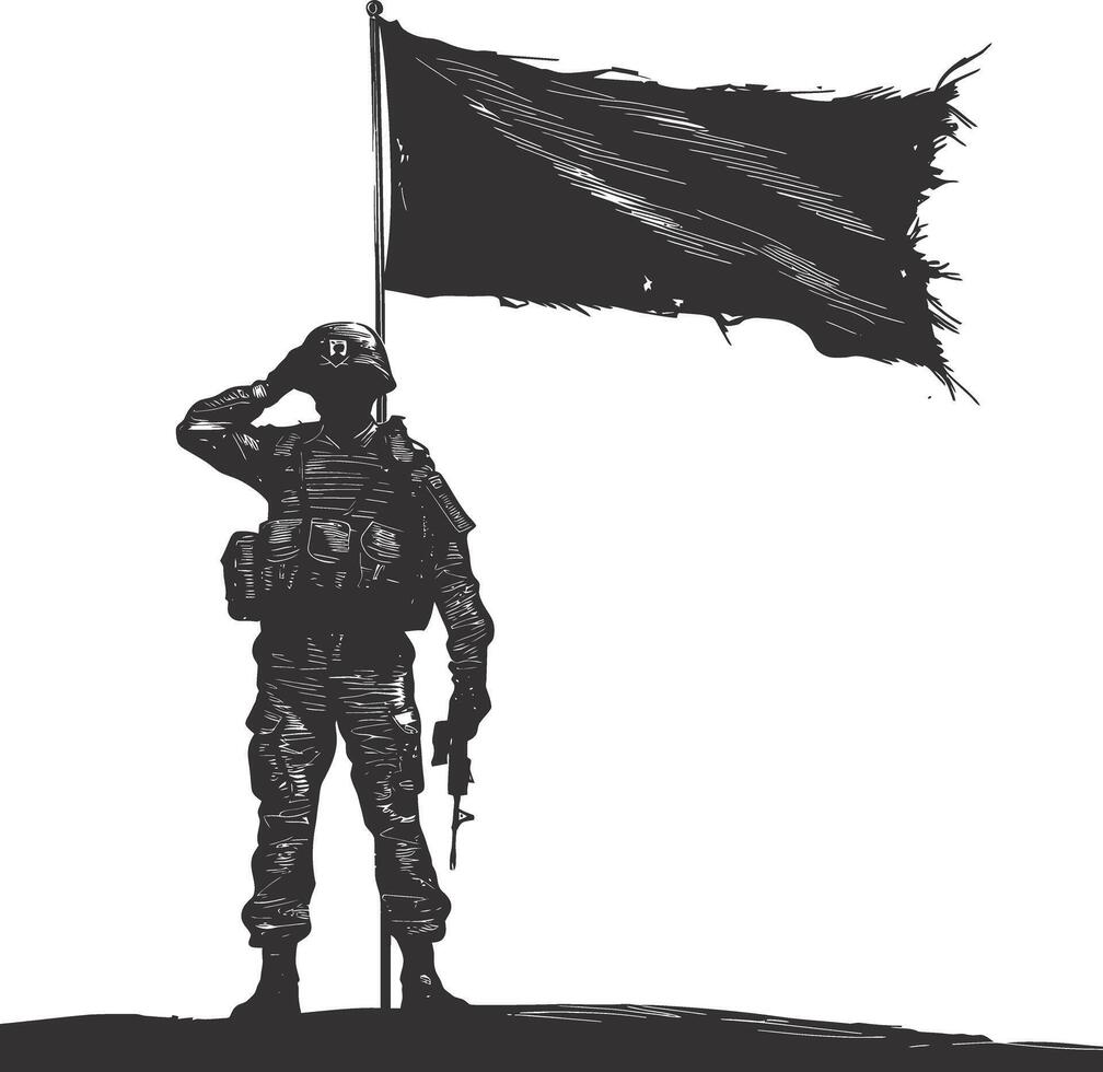 ai generiert Silhouette Soldaten oder Heer Pose im Vorderseite von das schwarz Flagge schwarz Farbe nur vektor