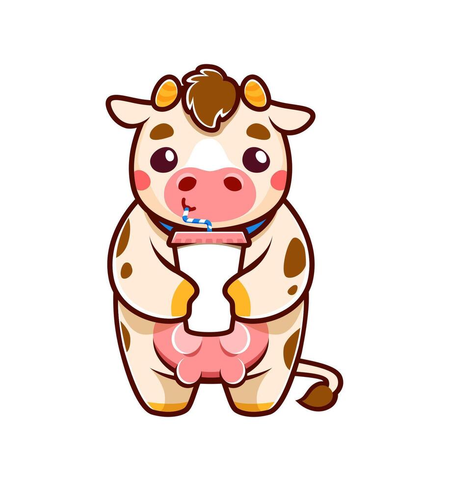Karikatur süß Kuh Charakter mit Milch trinken im Tasse vektor