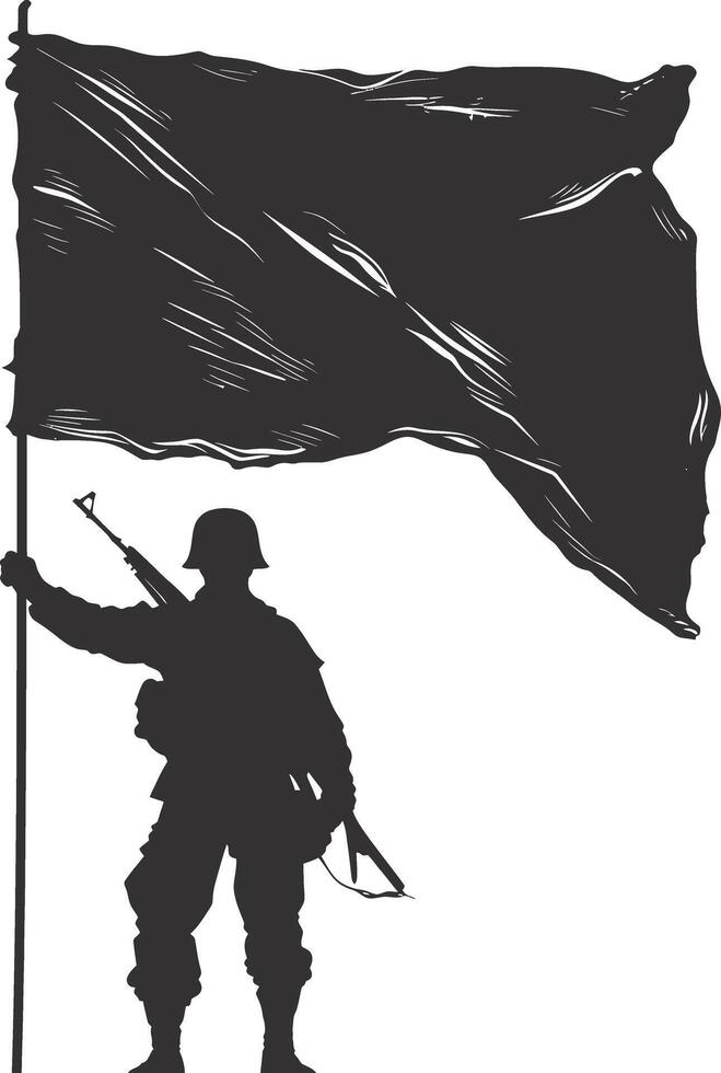 ai genererad silhuett soldater eller armén utgör i främre av de tom flagga svart Färg endast vektor