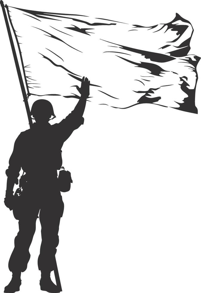 ai generiert Silhouette Soldaten oder Heer Pose im Vorderseite von das Weiß Flagge schwarz Farbe nur vektor